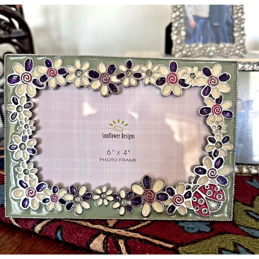 Whimsical Girl Ladybug Sunflower Designs  Photo Frame Enamel Jeweled 6x4